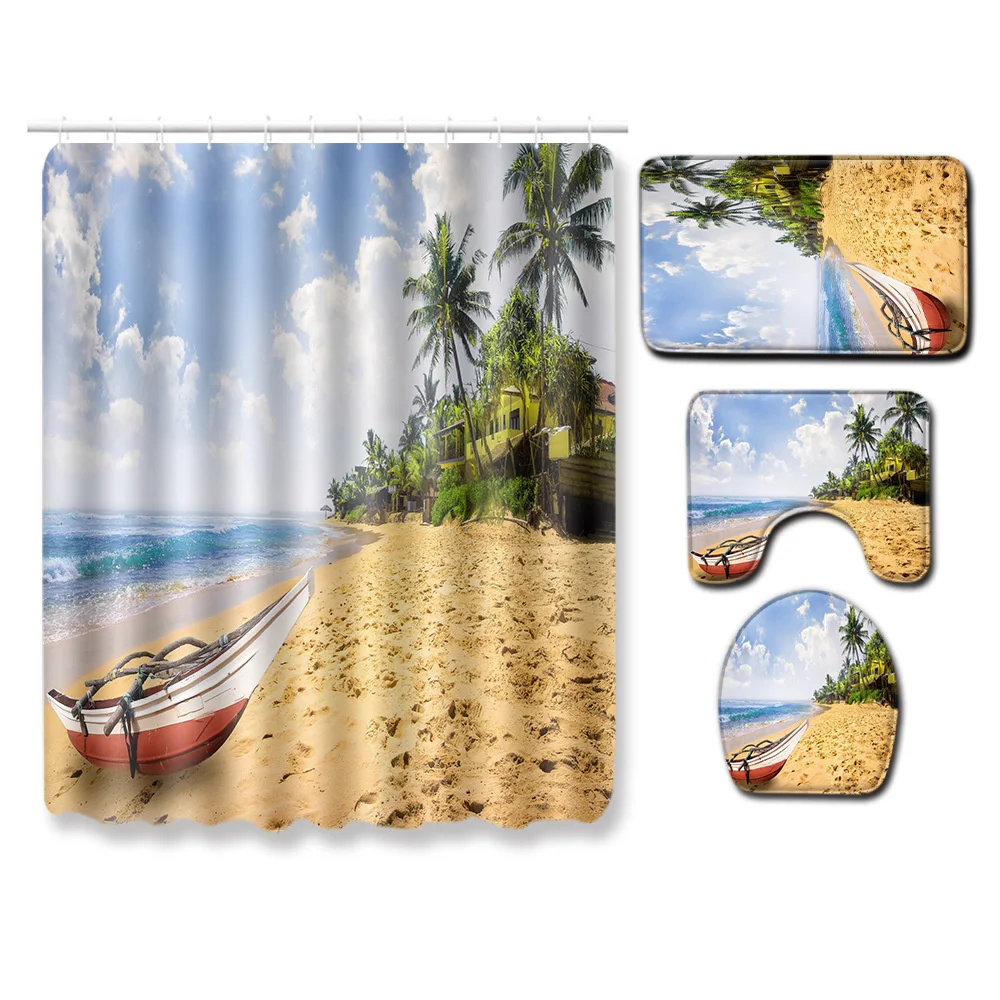 

Beach Palm Tree Boat Natural landscape Shower Curtain Set Bathroom non-slip mat Toilet Seat mat Shower Curtain Bathroom Decor