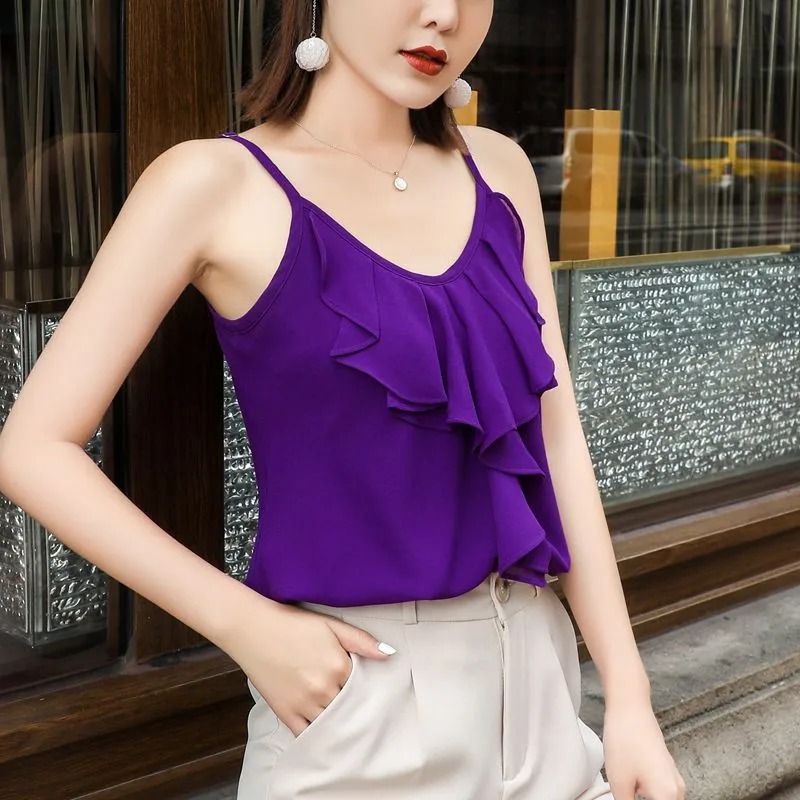 Women Casual Solid Sleeveless Ruffles Lace Up Tanks Tops Sexy Spaghetti Strap Chiffon Shirt office blouse