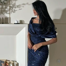 Customized Navy Blue Sparkly Sequined Off the Shoulder Evening Dresses Straight Lace Sleeveless Ankle Length Pageant Prom Gowns
