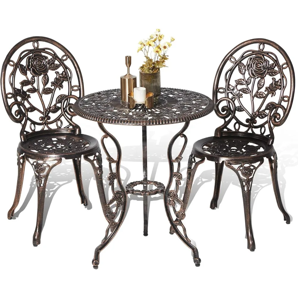 Bistro Table and Chairs Set of 2 Outdoor -3 Piece Outdoor Patio Set, Rose Pattern Cast Bistro Set for Garden Balcony Rose Bronze