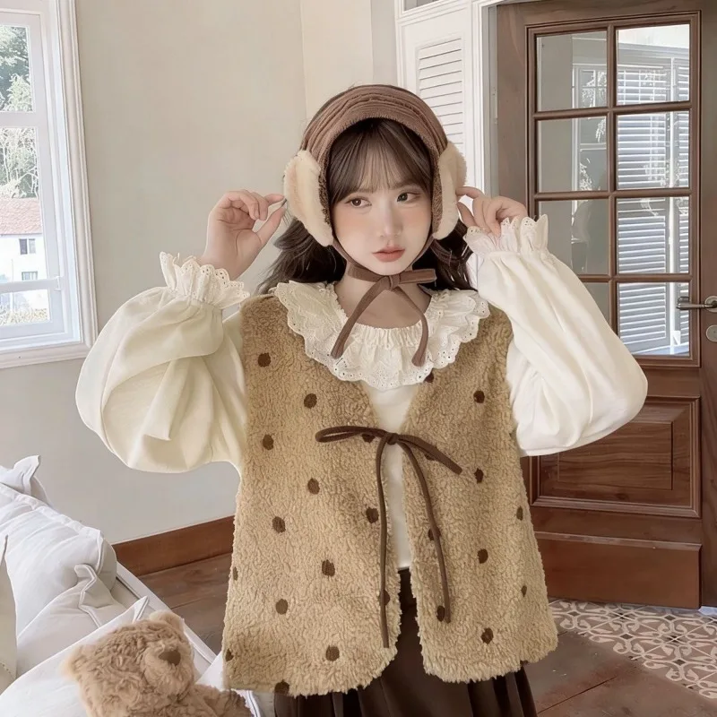 Women Sweet Style Autumn Winter Double Sided Wear Fleece Vest Bow Tie Warm Sleeveless Waistcoat Outerwear