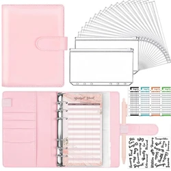 New PU Leather Notebook A6 Binder DIY Planner Organizer 8 Zipper Pockets 12Pcs Budget Sheet 2Pcs French Alphabet Stickers