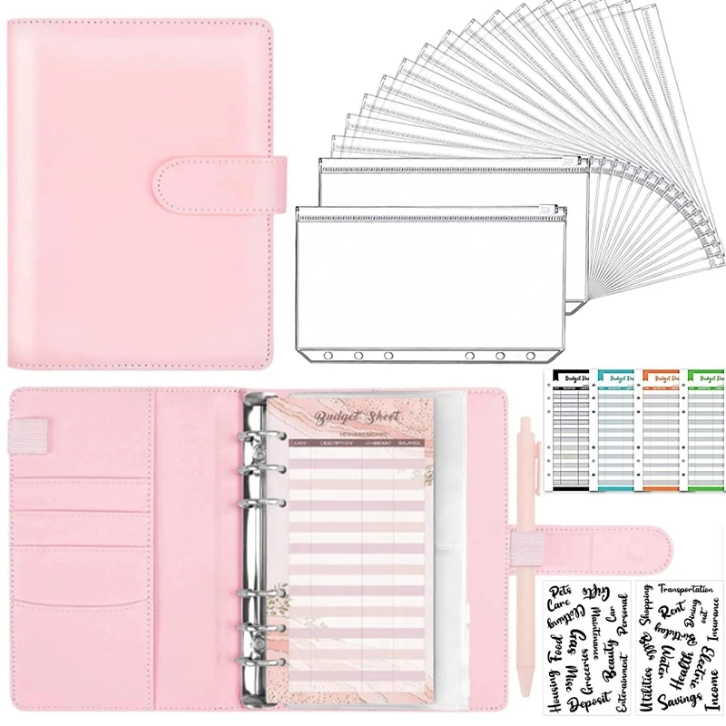 couro notebook com bolsos com ziper a6 binder planejador faca voce mesmo organizador bolsos com ziper folha orcamento alfabeto frances adesivos pcs 12pcs pu 01