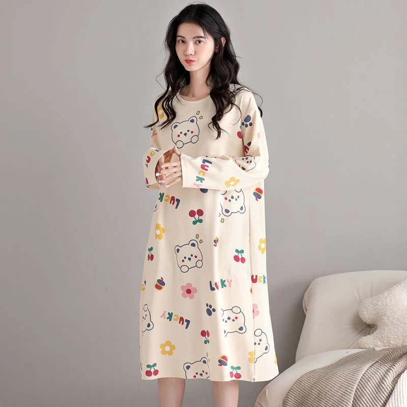 

Осень 2024, ночные рубашки из 100% хлопка с длинными рукавами и принтом для женщин, корейская свободная одежда для сна, ночное платье, ночная рубашка, женская домашняя ночная рубашка