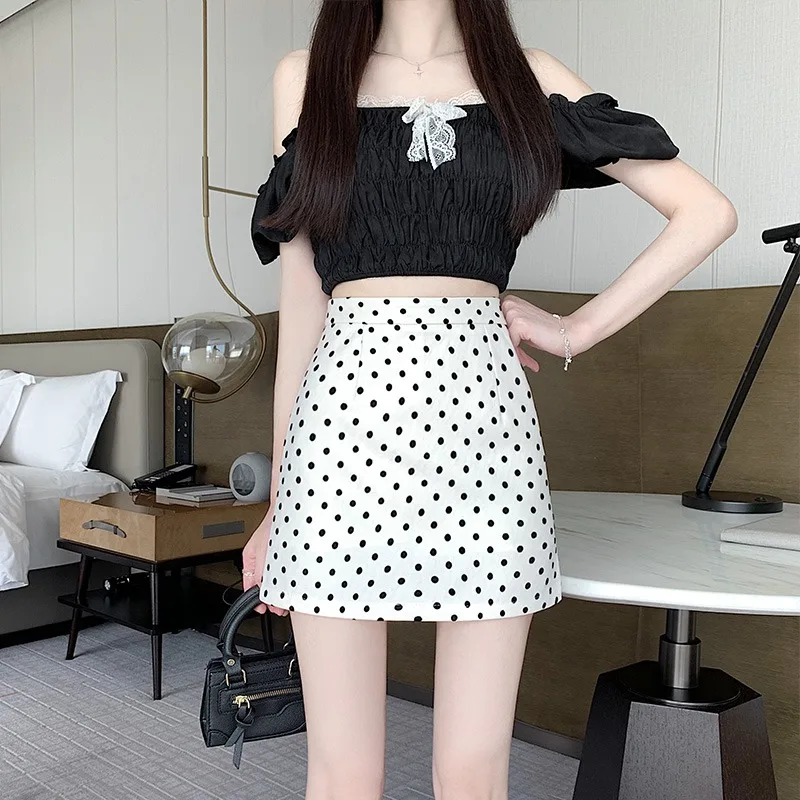 

Korean Polka Dot Skirts Women 2024 Summer New High Waist A-line Slim Thin Office Lady Retro Versatile Fashion Short Skirt Female