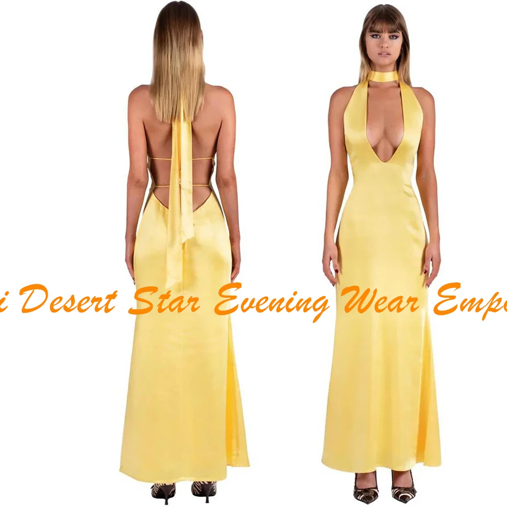Recht Halter Satijn Mouwloos Kanten Rug Mode Avondjurken Fotokleur Plooien Ruglooze Open Rug Saoedi-Arabië 2024