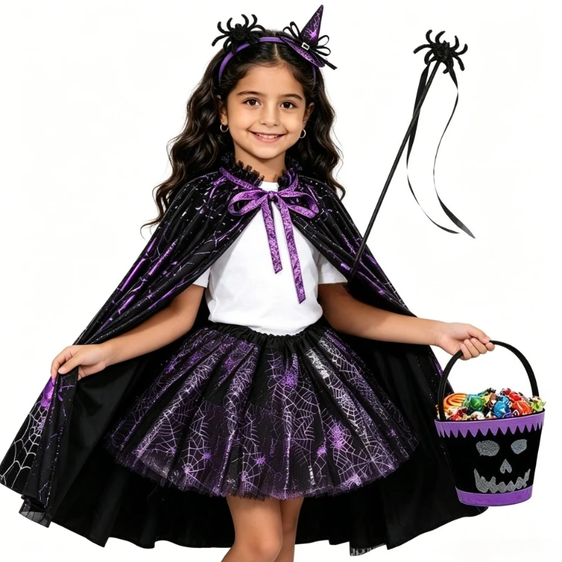 Toddler Witch Cosplay Bundle Black Purple Web Print Cloak Layered Tutu Skirt Mini Witch Headband Skull Treat Pail Holiday Outfit view 3
