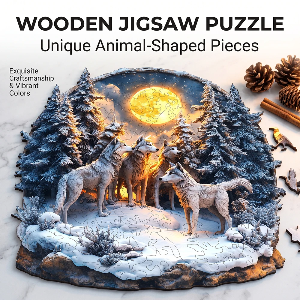 Winter Moon Wolf Pack Wooden Jigsaw Puzzle Unique Irregular Animal Shaped Pieces 5A Difficulty Eco Wood Stress Relief Game For Adults Home Wall Decor Christmas Birthday Gift