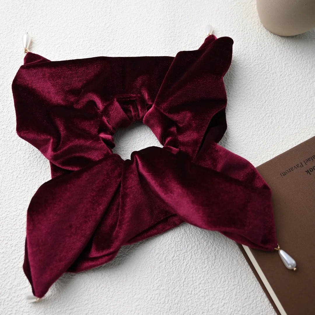 ربطات شعر Velet كبيرة للفتيات والنساء على الموضة الشتوية، ربطات شعر حمراء وسوداء، لآلئ صناعية لامعة