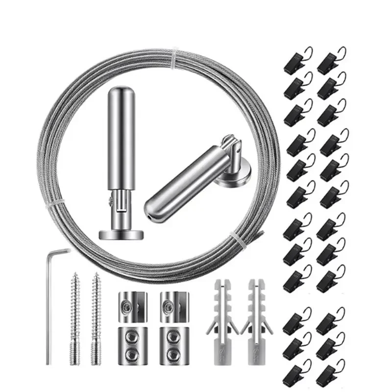 Fresh Adjustable Curtain Drape Wire Rod Set- Room Divider Hanging System(196 Inch/5 M) With 24 Clips