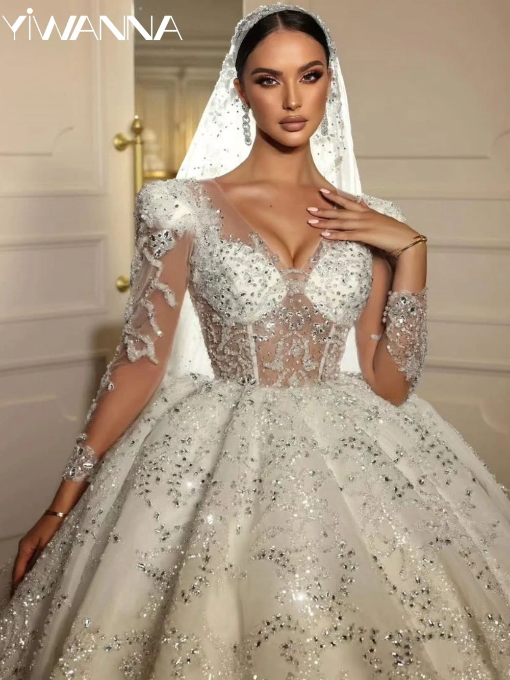 Ilusão brilhante frisado manga longa vestido de casamento luxuoso strass vestido de noiva 2025 vestidos modestos personalizados para noiva