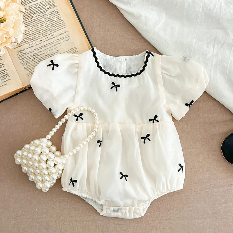 

2024 New Summer 0-24M Children Clothes Infant Baby Girl Bodysuits Short Sleeved Cotton Bow Embroidery Korean Style Climbing Suit