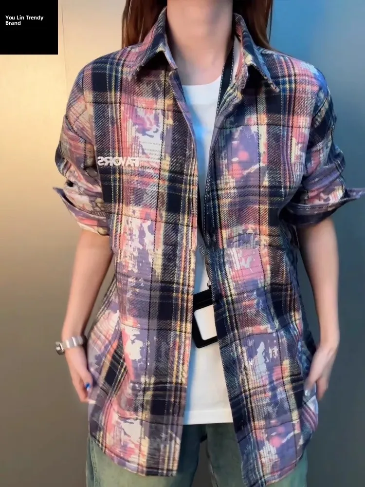 Purple Dyed Plaid Long Sleeve Men's Shirt Spring Autumn High Sensation Cool Couple Outerwear Loose Fit Casual Style Polyester...