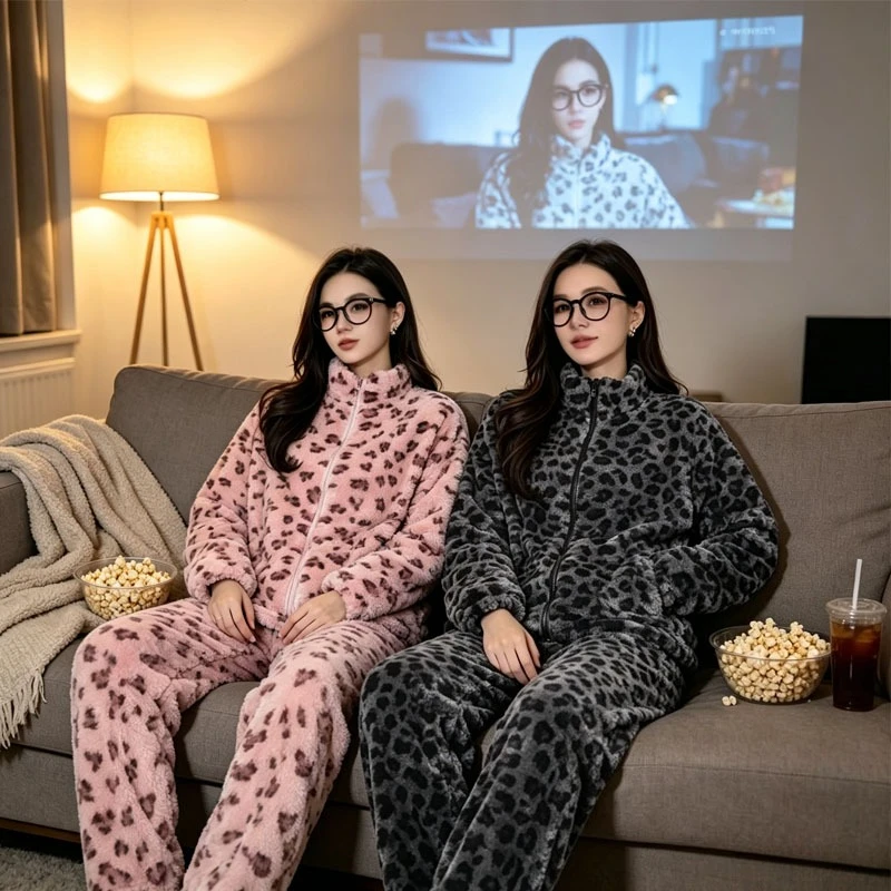 L/XL Womens Winter Warm Coral Fleece Pajama Set Leopard Print Zip Up Oversize Stand Collar Loungewear for Outdoor Home