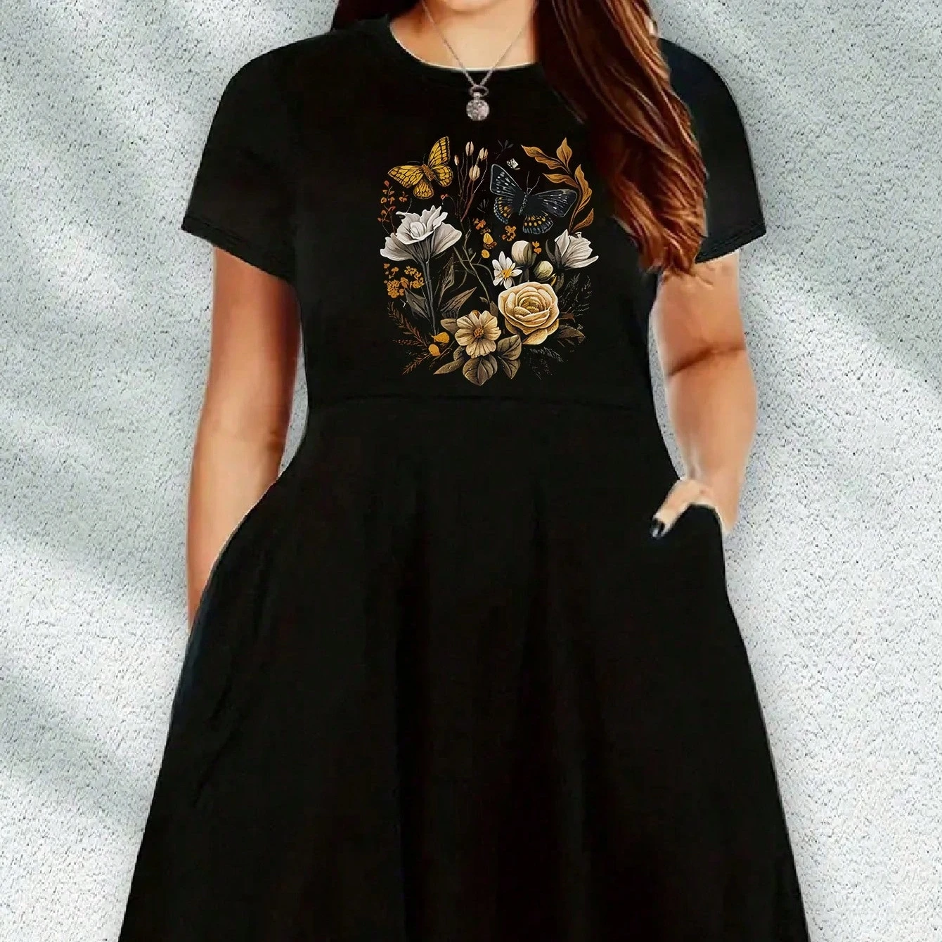 

Женское повседневное платье больших размеров на весну-лето 2026 с принтом бабочек и цветов, круглым вырезом, свободного кроя, однотонное, с коротким рукавом