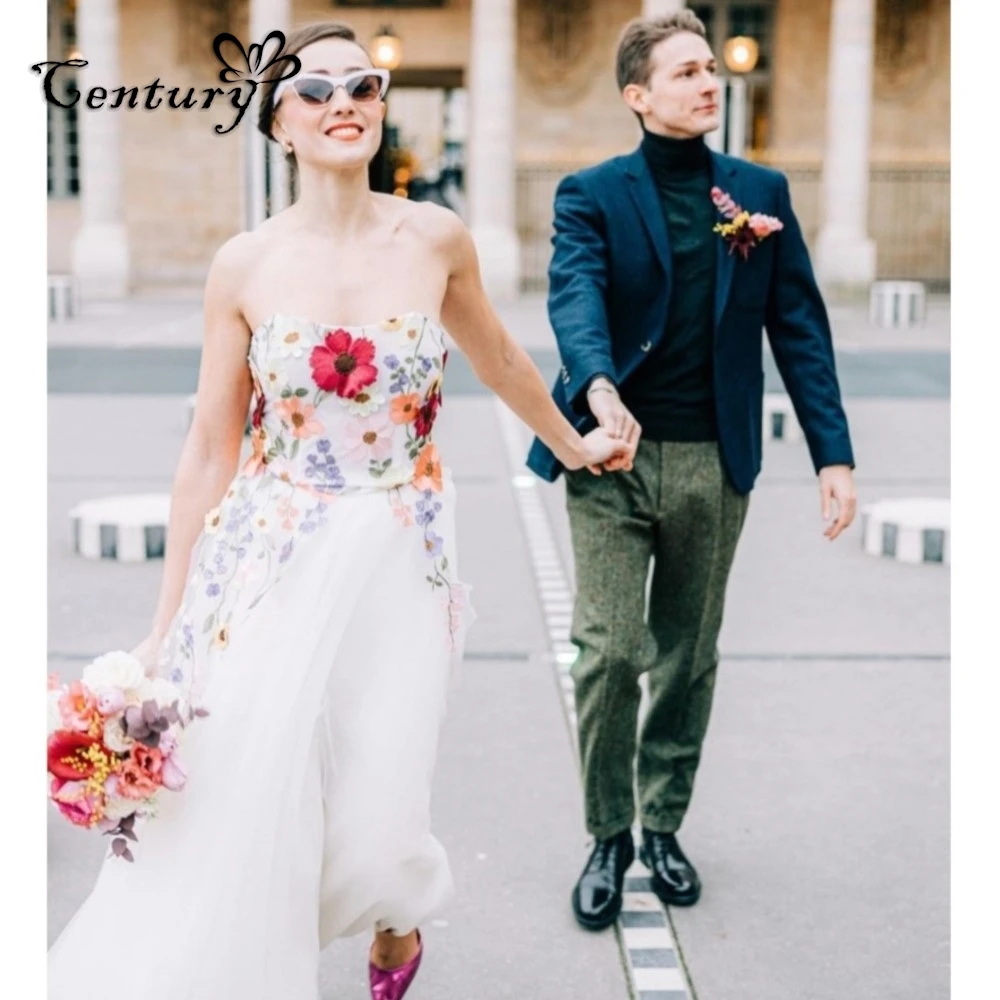 

Colorful Embroidered Floral Bridal Gowns 2025 Sweetheart A Line Ankle Length Flowers Wedding Dress Robe de Mariee Customized