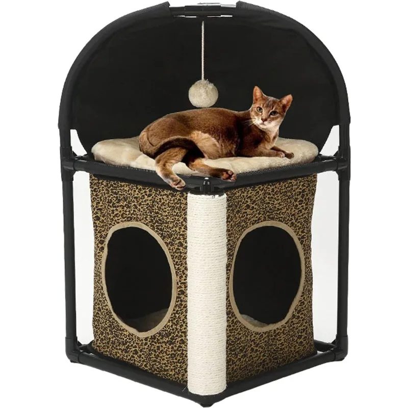 

Cat Houses for Indoor Cats Tower House Combined with Cat Bed Cube, Peek Holes, Scratching Post & Dangling Toy