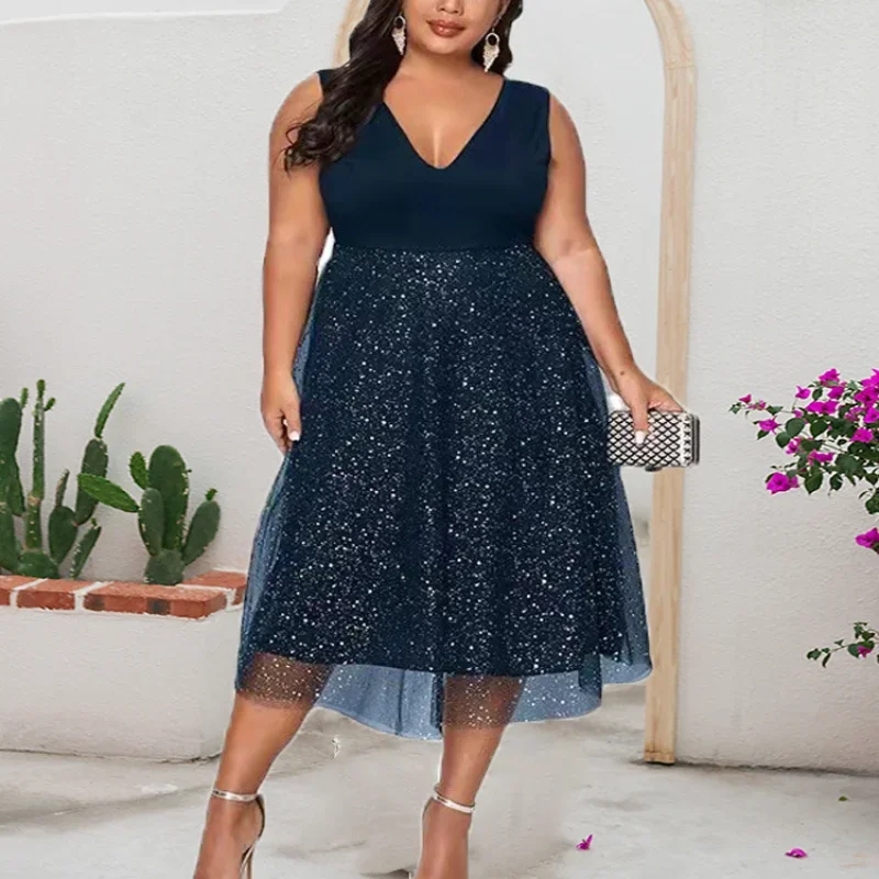 Oversize 5XL Dress for Women Blue Elegant Midi Sequin Chiffon Clothing 2024 Summer Autumn Ladies Cocktail Evening Party Dresses