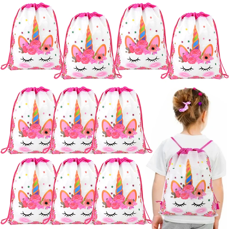 Bolsa con cordón de unicornio para niños y niñas, suministros para fiestas de cumpleaños, mochilas escolares, embalaje de regalo de dulces, 1/6/12