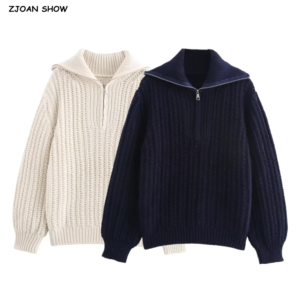 2025 CHILL Herfst Winter Rits Revers Kraag Rib Gebreide Trui Vrouwen Losse Dikke Truien Oversized Jumper Marine