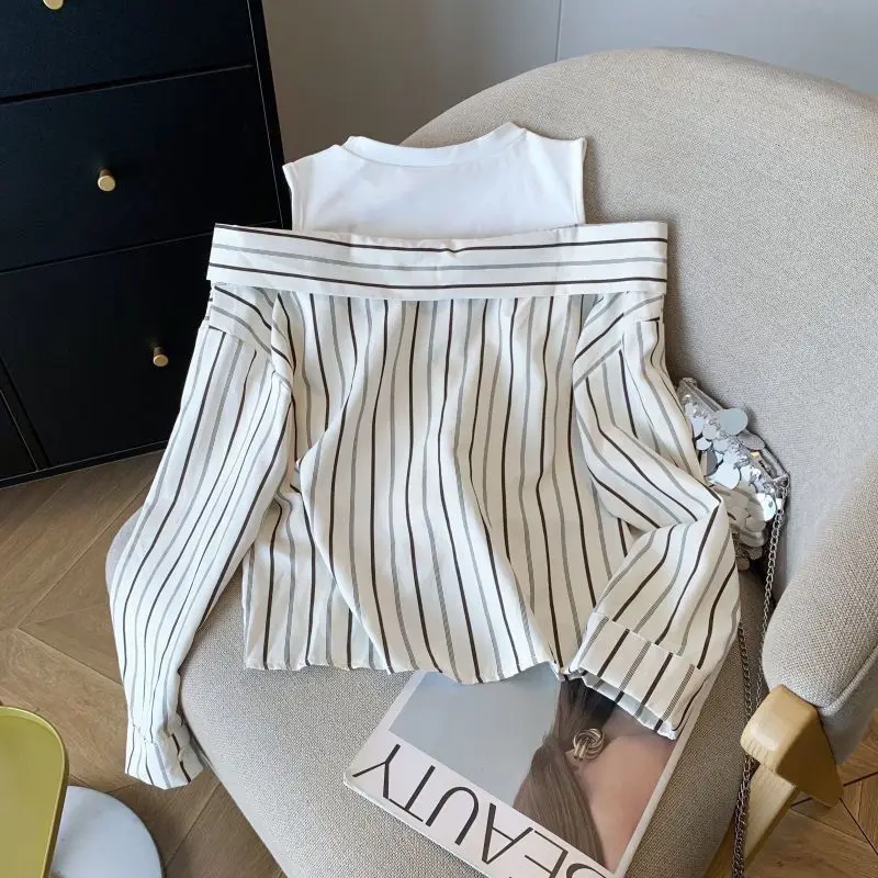 

New Stylish Fake Two Piece Striped Shirt for Women Autumn Off Shoulder Tank Top Patchwork Design Loose blouse Casual Women Top