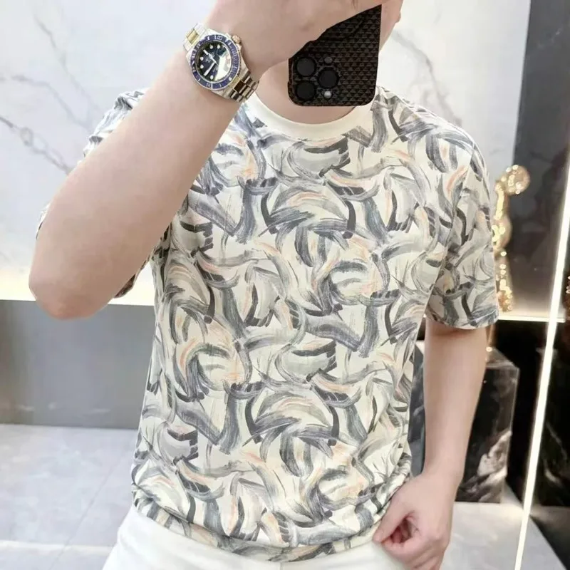 Summer Printed Round Neck T-shirt Men Ice Silk Stretch Comfortable Casual T-shirts Short Sleeved Business Social Streetwear Top