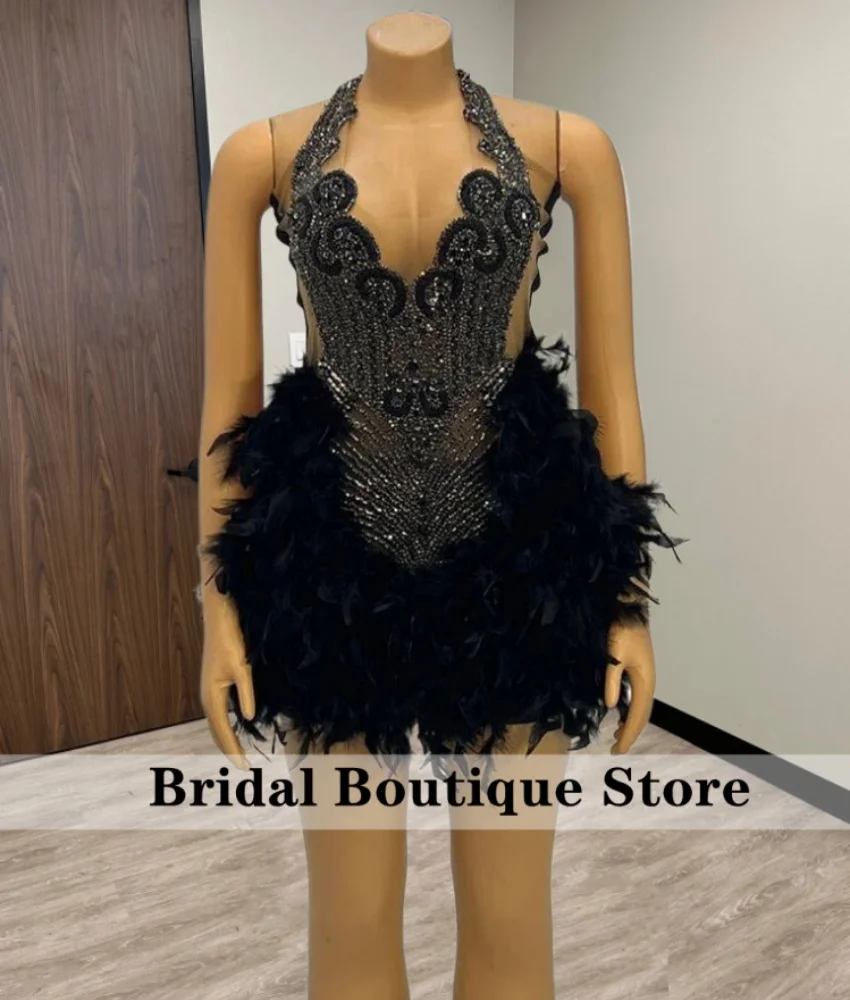 Sparkly Black Diamonds Prom Gown Glitter Beads Crystal Rhinestones Feathers Birthday Party Cocktail Homecoming Robe Customized 