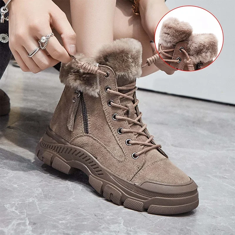

Winter Shoes Women Snow Boots Thick Sole Warm Plush Genuine Leather Brand Ladies Ankle Booties Non-slip Plus Size 41