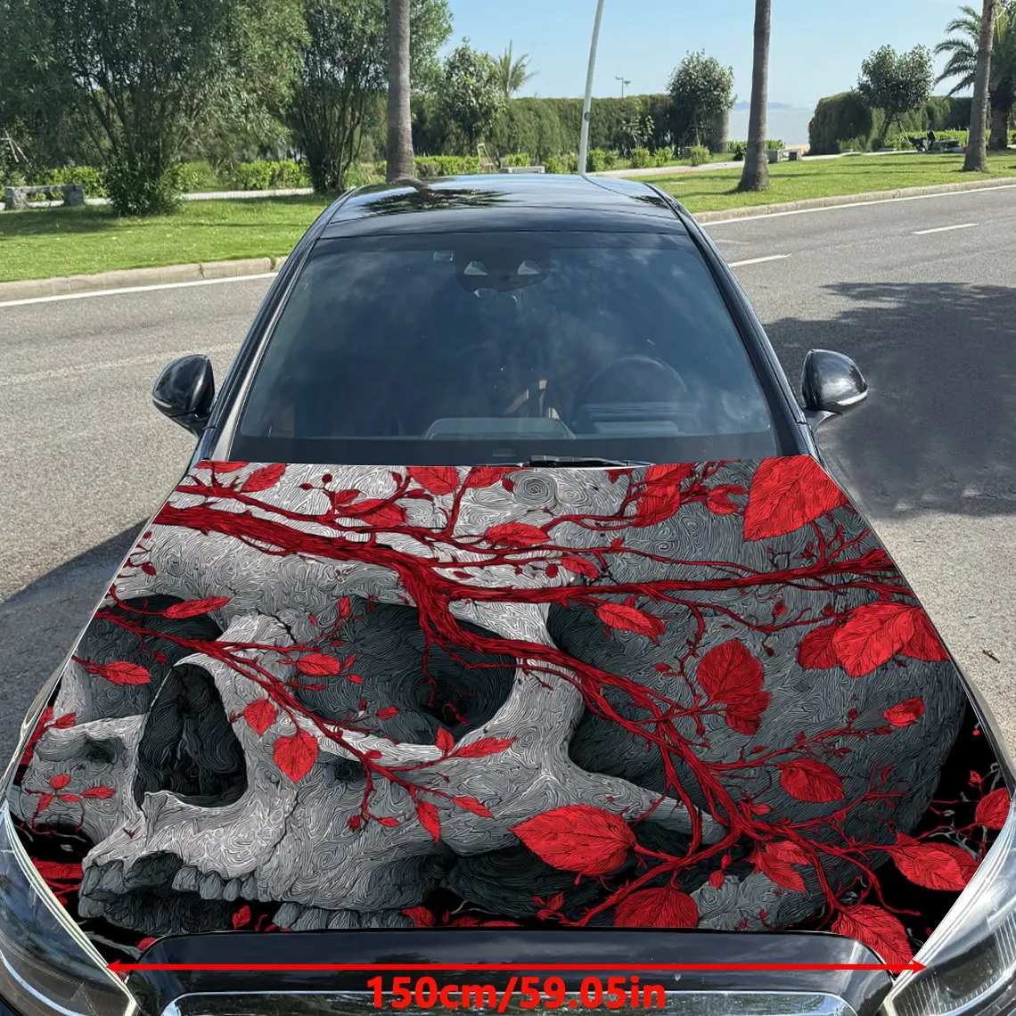 Car Decals A Skull With Red, Leaf - Like Patterns Around It Car Hood Sticker, Waterproof Self - Adhesive Vinyl Graphics Decals,
