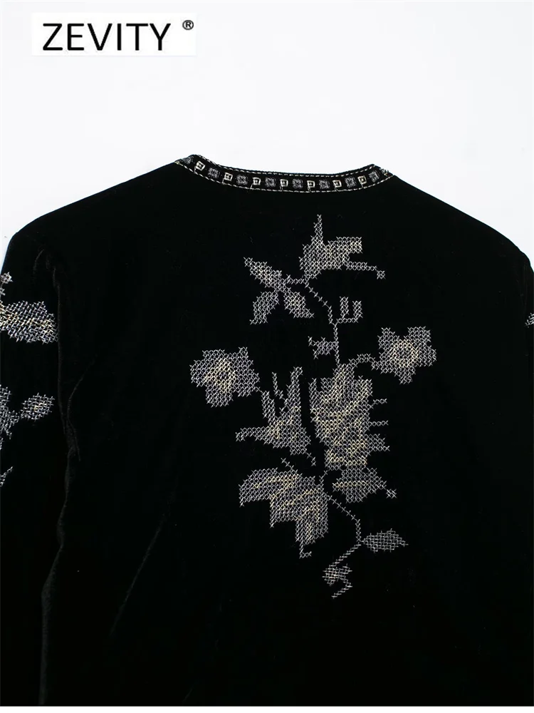 Zevity جديد إمرأة خمر س الرقبة هندسية الأزهار التطريز قصيرة المخملية معطف مكتب سيدة طويلة الأكمام أبلى سترة القمم CT7352 #6