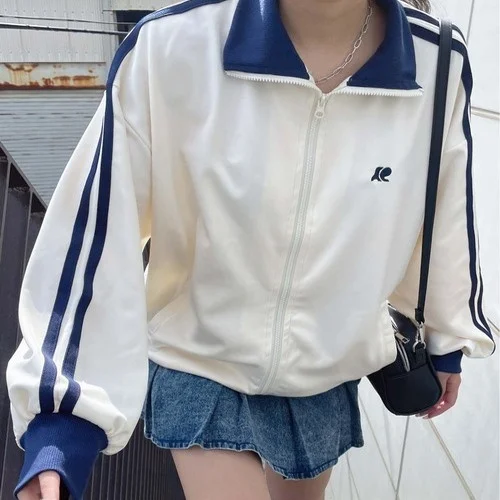 

New A0064 Women's Casual Sle Zipper Ribbed Collar Jaet Loose Slimming Contrast Color Leisure Outerwear Polyester Fiber