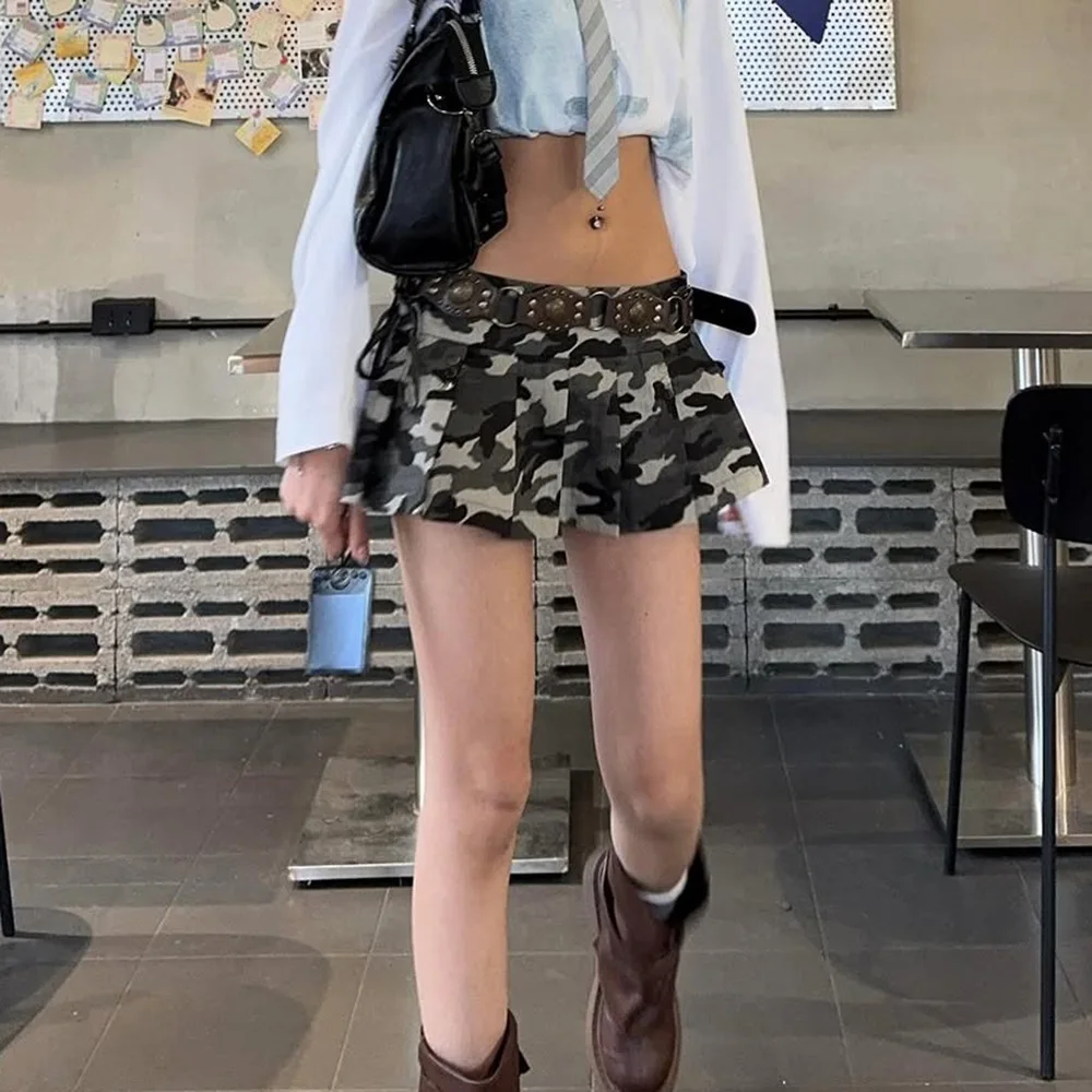 Miniröcke für Damen, neu, 2025, Sommer, rosa, Tarnung, Faltenrock, Tanz, Mädchen, hohe Taille, Gürtel, Camo, plissiert, kurze Kleider, weiblich