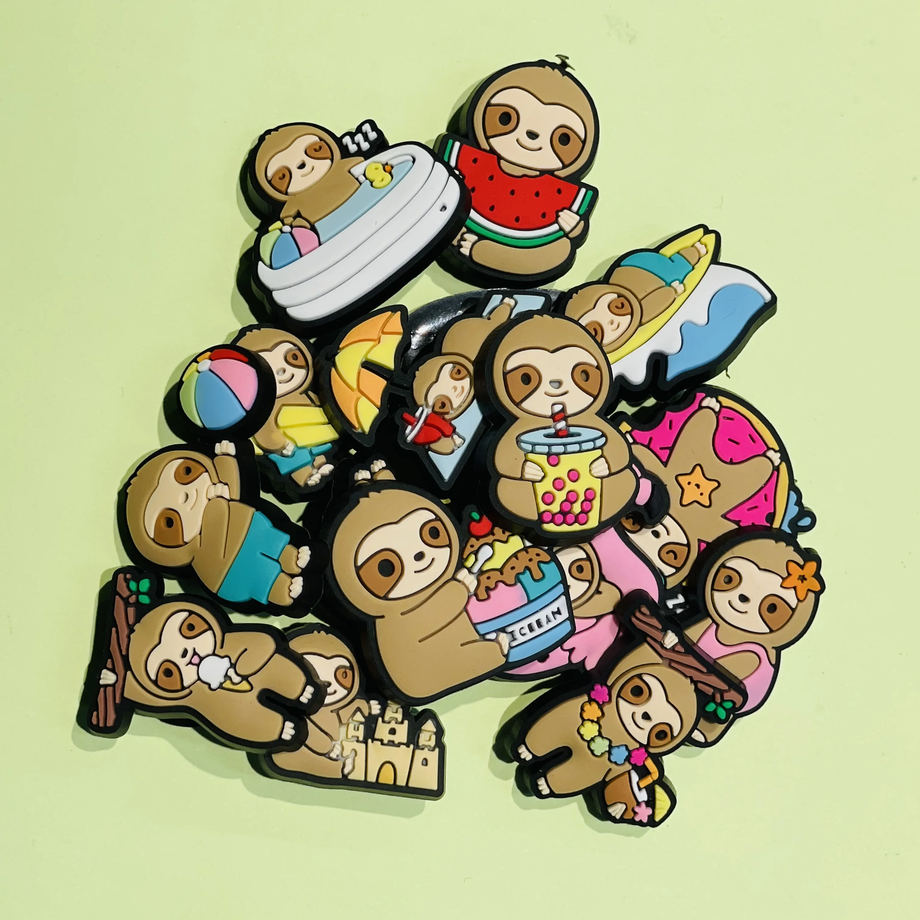 1-16PCS Mix Adorable Surfing Sloth Shoes Charms Accessories Children Buckle Clog Animals Sandal Decorations