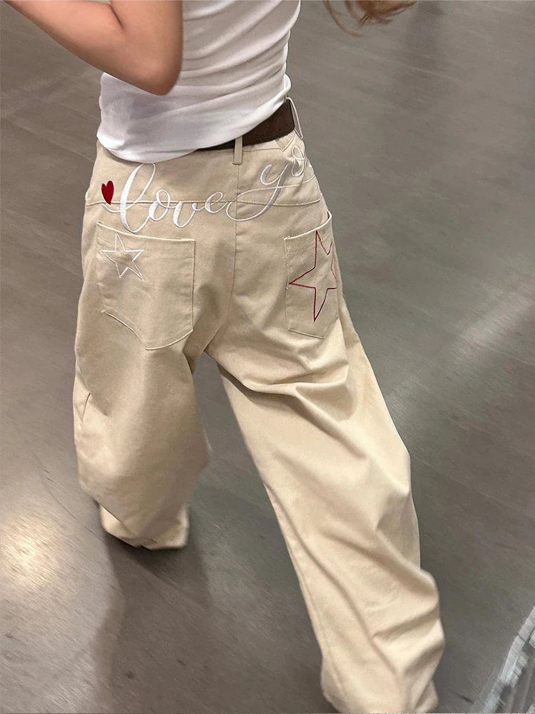 جينز نسائي كاكي عتيق بخصر عالٍ Y2k جينز مطرز فضفاض وواسع الساق موضة خريف 2025 من قماش الدنيم #4