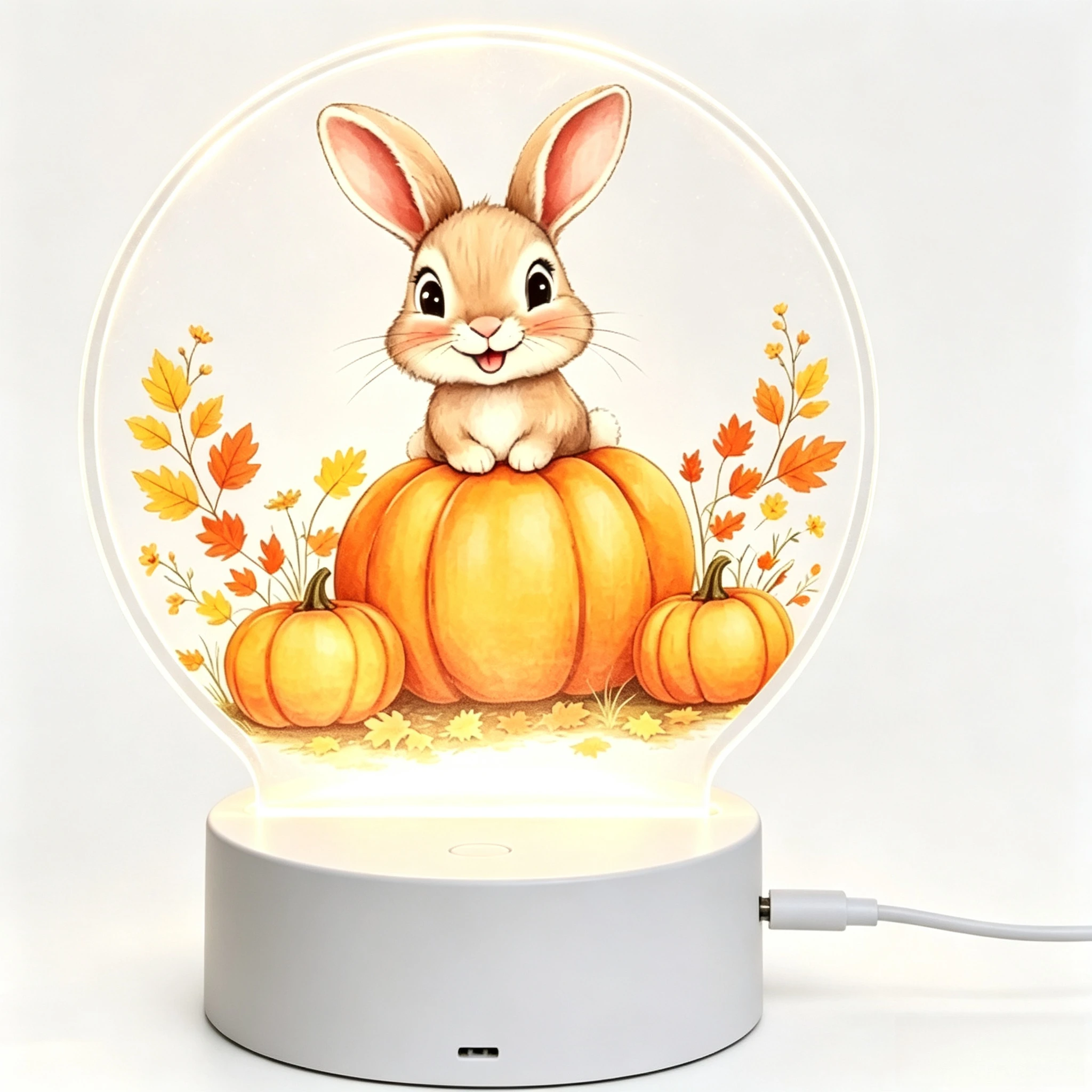 Autumn Bunny Pumpkin Round Acrylic Night Light Fall Harvest Rabbit USB LED Lamp Desktop Home Decor Gift Round Acrylic Fall LED Night Lamp, Cute Watercolor Rabbit On Pumpkins Maple Leaf Table Nightlight