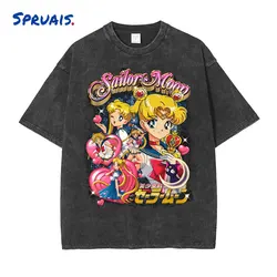 Anime Sailor Moon T-shirts Vintage Washed Tsukino Usagi Streetwear Cute Girl T-shirts Oversized Manga Short Sleeve Tops Tees