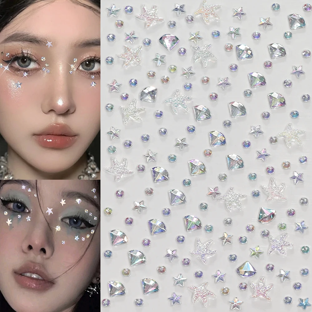 1Pcs Aurora Crystal Diamond Star Face Gems Stickers Mini Round Starfish Bling Rhinestone Fake Tattoo Sticker for DIY Eyes Body#^