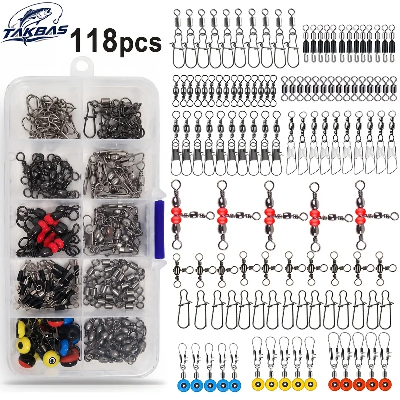 TAKBAS 118PCS Fishing Tackle Accessories Kit with Storage Box, Fishing Swivels Snap, 3 Way Swivels, Slide Sinkers, Saltwater