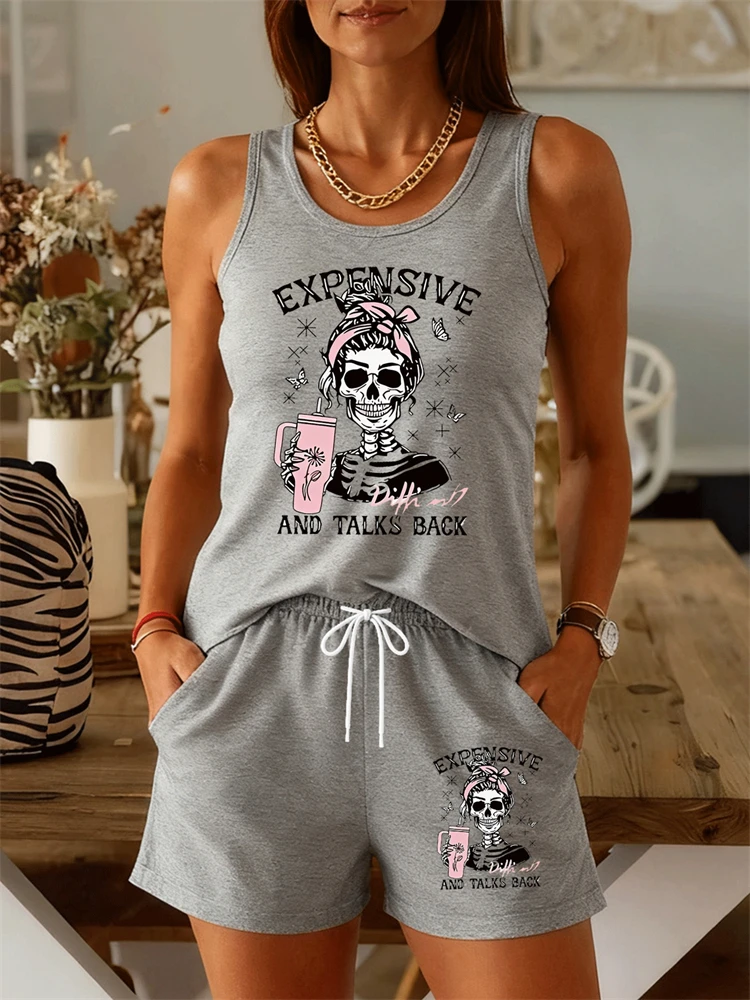 Women's Fashionable Retro Skull-Print Tank Top Set Round-Neck Casual Sleeveless Two-Piece Set Harajuku Hip-Hop T-Shirt Set