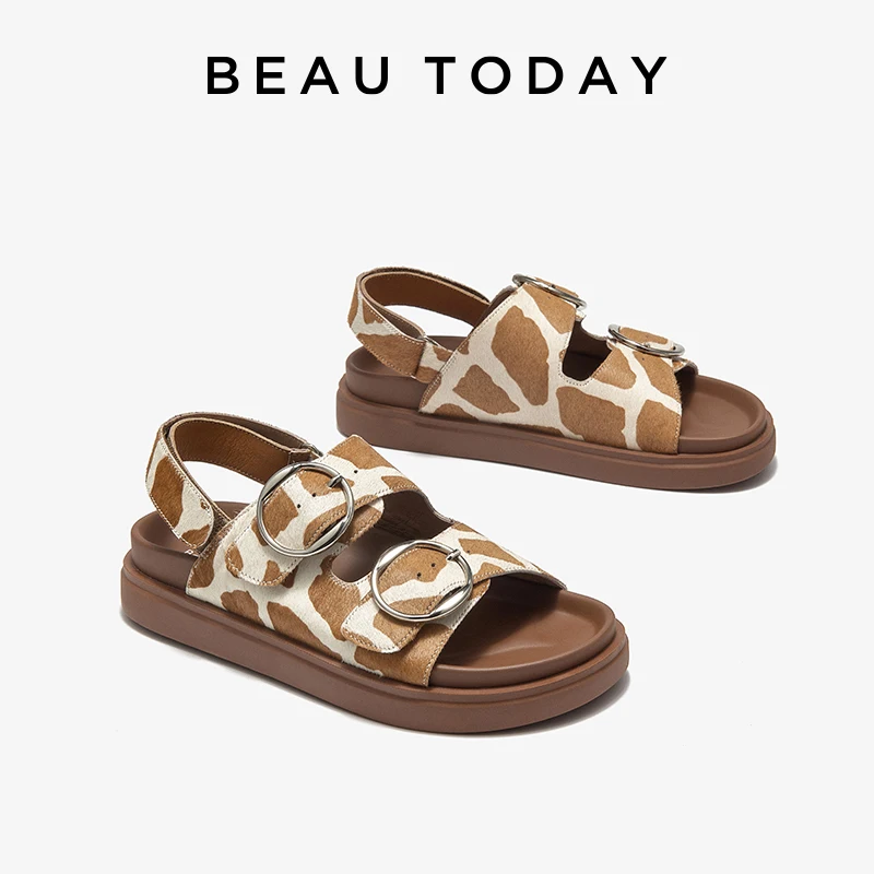 BEAUTODAY Casual Sandals Women Horseskin Animal Prints Double Buckles Straps Thick Sole Outdoor ladies Shoes Handmade 34616