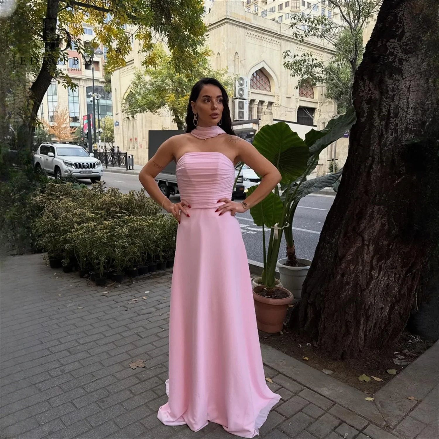 

EDECPBM Satin Strapless Pink A-Line Evening Dress 2026 Prom Dress Formal Evening Elegant Women's Banquet Robes de Soirée