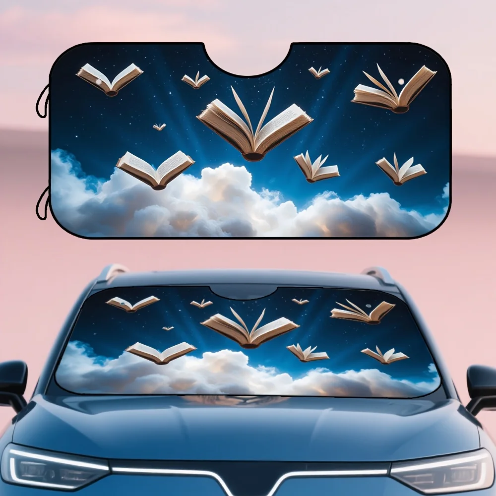 

1pc Dreamlike Fantasy Pattern Car Sunshade - Polyester Fiber Windshield Cover With Books & Stars Design, Fit For Cars, Stylish I