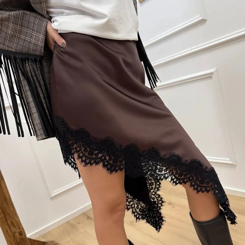 

Tuularose Elegant Lace Maxi Skirts Fashion Lace Satin Patchwork Asymmetric Slit Skirt New Solid Party Vintage Slim Women's Skirt
