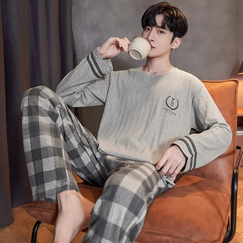 

Клетчатые длинные брюки + серые топы с длинным рукавом, пижамный комплект, мужская летняя пижама из чистого хлопка, домашний костюм, мужская одежда для сна, свободная ночная рубашка