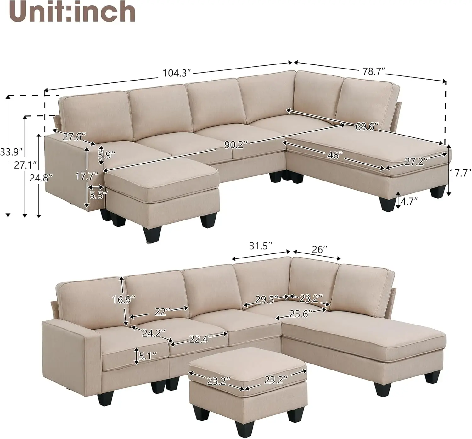 104.3” Sectional Sofa, 7-seat Linen Fabric Modern L-Shaped Sofa Couch Sets with Chaise Lounge