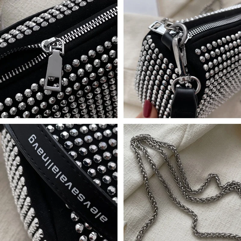 Fashion Women Rhinestone PU Handbag Simple Chain Shoulder Bag