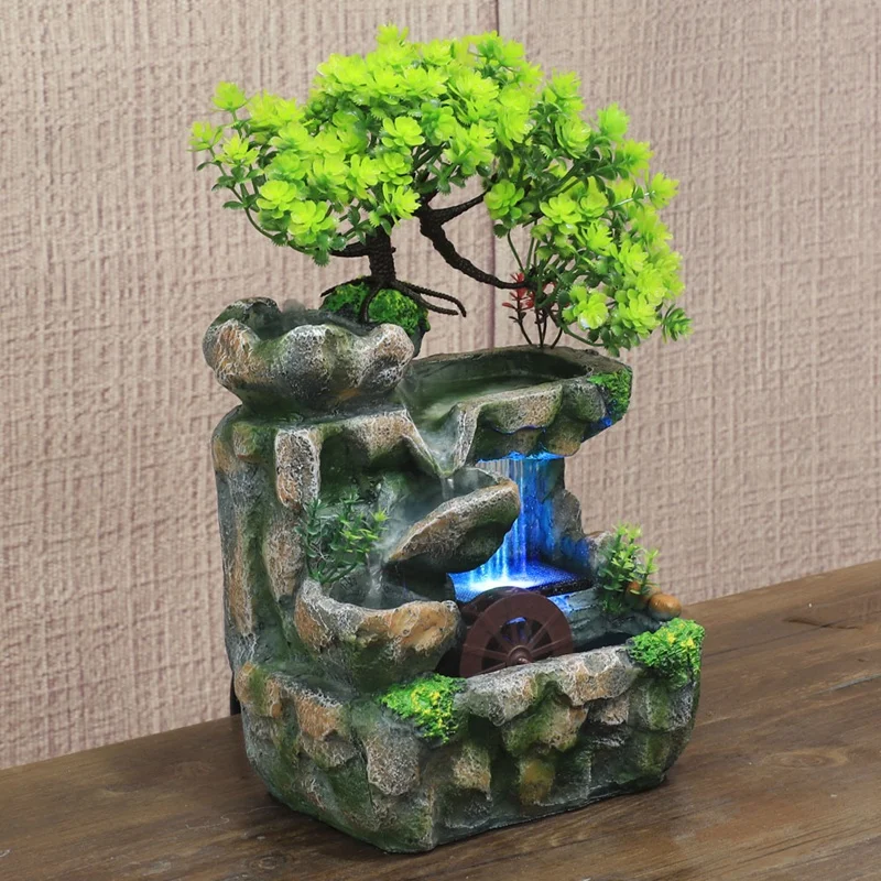 Indoor Desktop Feng Shui Rockery Fountain Decor Living Room Flowing Water Waterfall Ornament With 7-Color Light