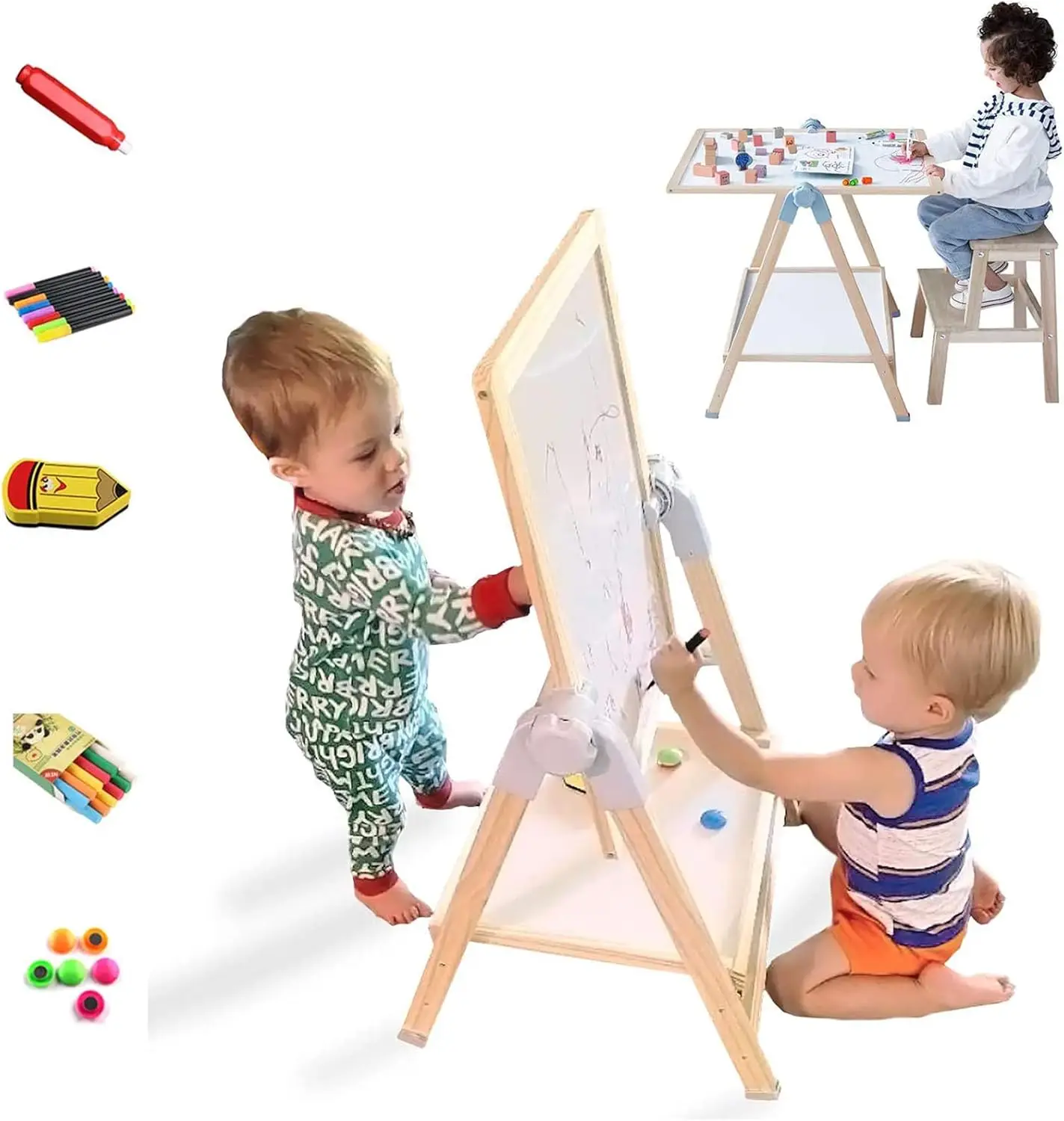 

Adjustable Kids Art Easel Set with Double-Sided Board, Art Supplies, and Rotating Design for Creative Play