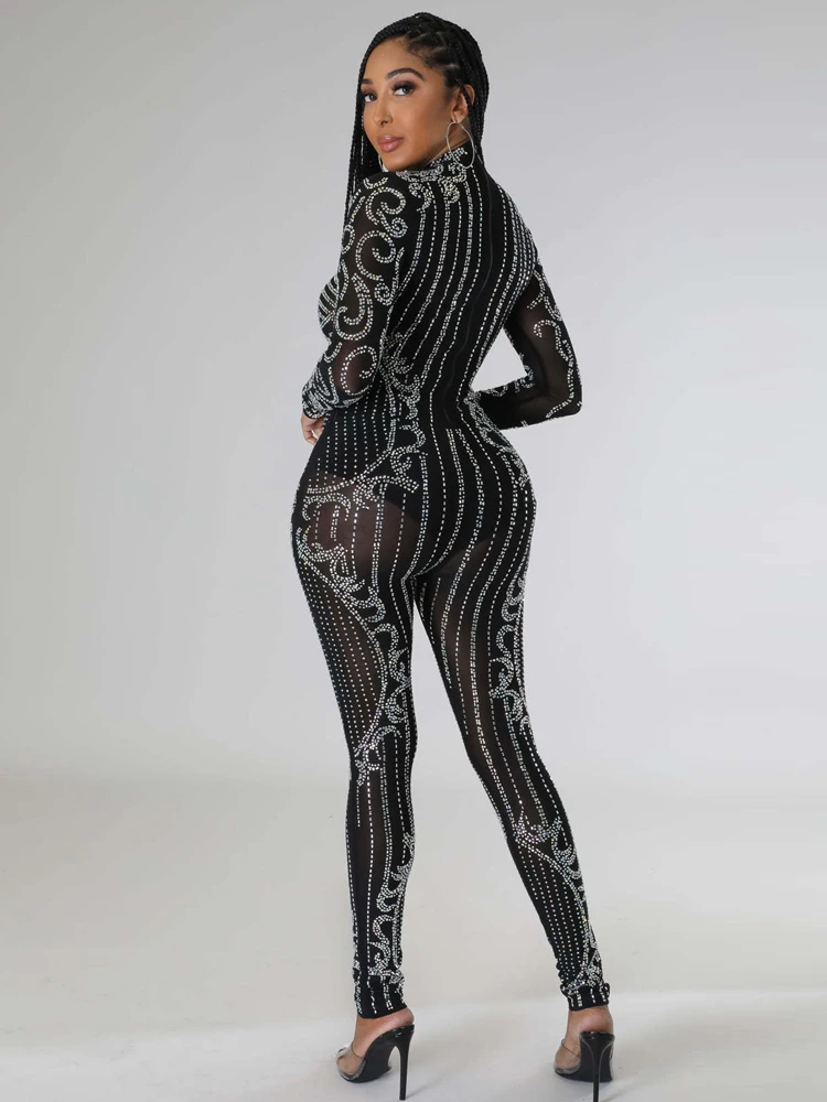 Perspective Shining Hot Diamond Long Sleeved Party Nightclub Jumpsuit Women's Long Sleeved Round Neck Zipper Solid Color Pants