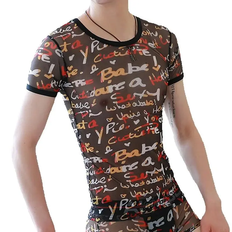 

Men's Shorts Underwear Mesh Printed Undershirts Breathable Indoor T-Shirts Sleeve Perspective Tank Top Singlet Ropa Sexy Hombre